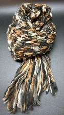 CEJON Scarf Soft Crocheted Angel Hair Yarn Fringe Winter Brown Gray White Boho
