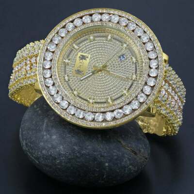 Men's Custom Big Face XXL 2 Tone White Remove able Bezel Wrist Watch Yellow Tone