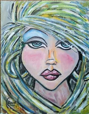 MATTIE SUE new original oil painting art woman eyes 8x10 WOOD $ signed Crowell 