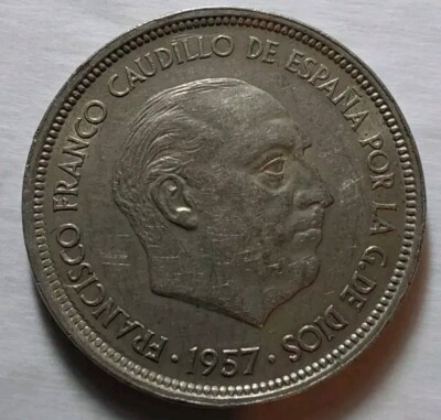 Spain Franco Caudillo 1957 Copper Nickel 50 Ptas Coin KM# 788-Una Edge Variety