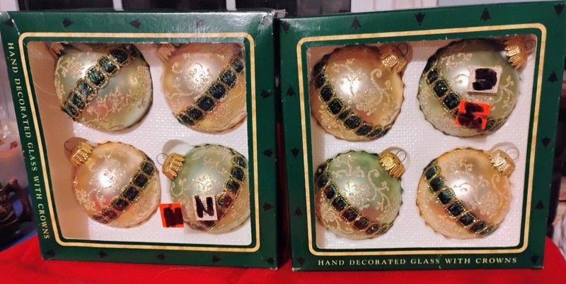 2 boxes of 4 VTG christmas ornament NIB 1980s mint green & satin gold glass
