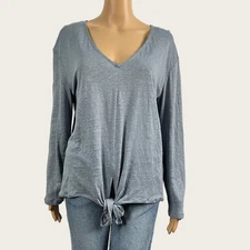 H&M Womens LARGE Dusty Blue Linen Slub V-neck Tie Hem Tunic Shirt Top