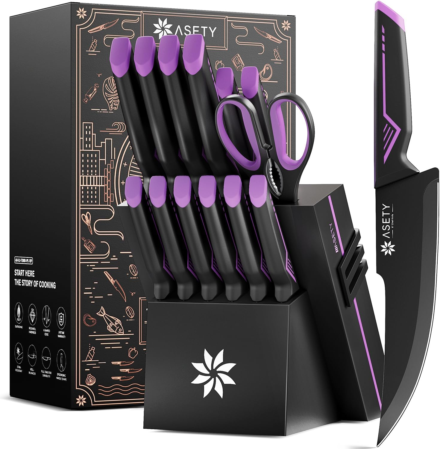 Knife Set - 15 PCS Kitchen Knife Set with Built-in Knife Sharpener Block - Stain-image