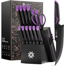 Knife Set - 15 PCS Kitchen Knife Set with Built-in Knife Sharpener Block - Stain