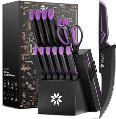 ASETY Knife Set - 15 PCS Kitchen Knife Set with Built-in Knife Sharpener Block - Stain