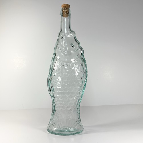 Vintage Glass Blue/Green Fish Shaped Wine Bottle Made In Italy 13.5” Tall 750 ml