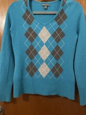Apt 9 Sweater 100 Cashmere Turquoise Argyle Preppy Quiet Luxury Academia Sz S