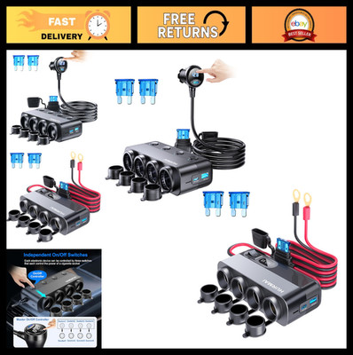 10FT 24V Cigarette Lighter Adapter Splitter, 4 Socket Multi-Port Car Charger, He