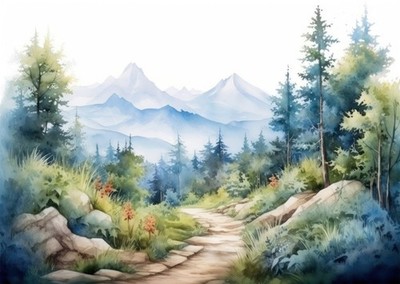 Wandkunst mit ruhigem Bergpfad Natur Landschaftsdekor Aquarell Natur