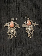 Artisan Gold Chandelier Earrings with Orange Natural Gemstone Boho Dangles