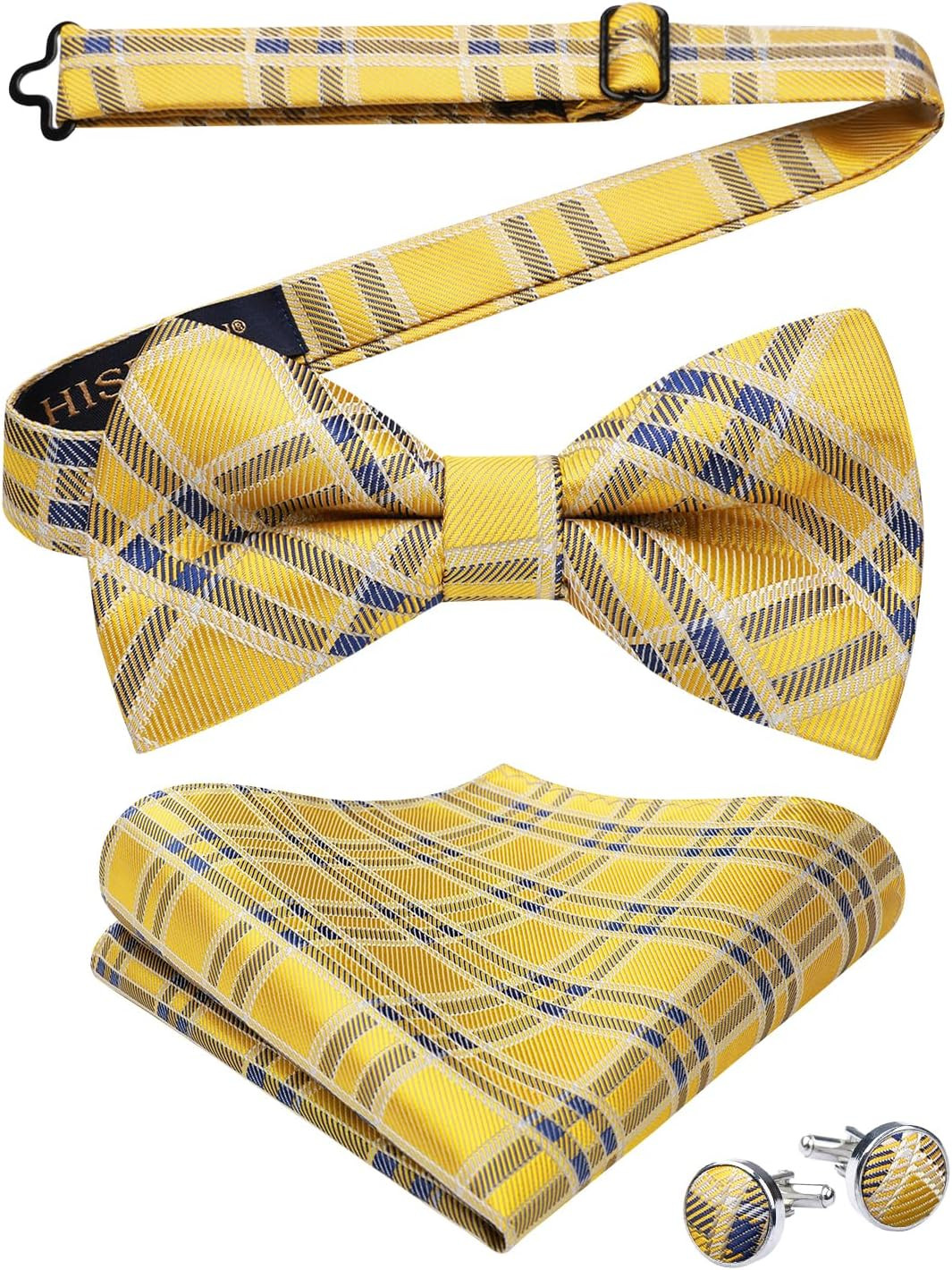 Bow Ties for Men Pre-Tied Bow Tie Set Handkerchief & Cufflinks Plaid Classic For
