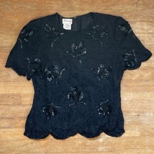 Vintage Floral Bead  Sequin Blouse Size Medium 1980s Black Embellished Silk Top