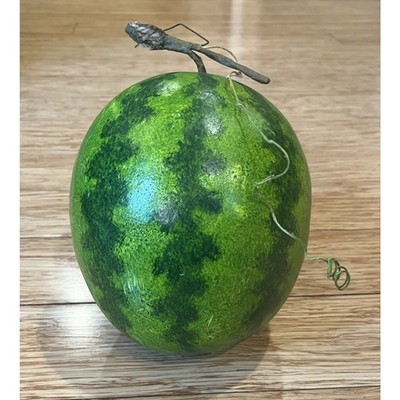 Folk Art Painted Gourd Watermelon with Stem & Vine Realistic Looking 7.5  READ