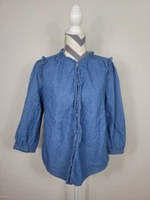 Lauren Conrad LC Sz M Chambray Denim Button Up Top 100% Cotton Ruffle Trim Neck