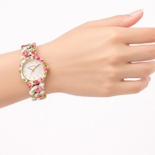 Ladies Watch Designer Floral Bracelet Gold Dial Quartz 