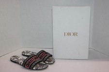 Dior Womens Dway Slide Sandals Sz 37.5 D-Floral Embroidered Cotton Flat Slip-On