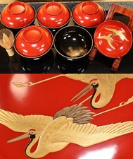 Japanese Lacquer Set of 5 Red Lid Black Soup Bowls 5.24inch Gold Cranes Makie