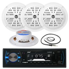 4" White Pyle 100W Marine Speakers, PLMRB29B Marine USB AM FM AUX Radio, Antenna