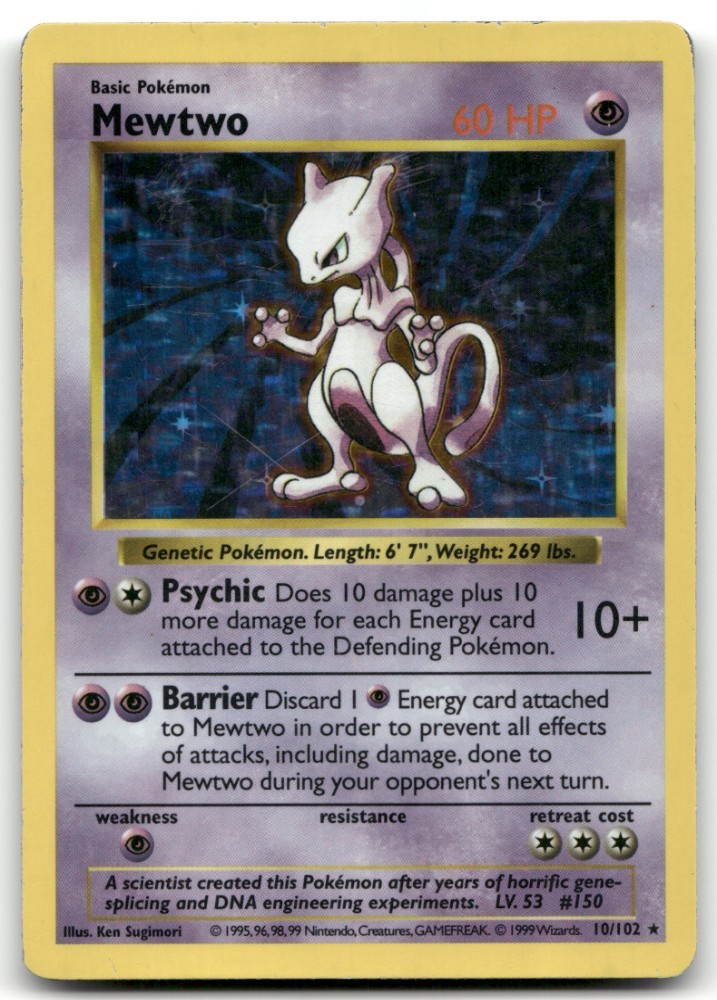Mewtwo 010/102 Base Set (Shadowless) Holo 1999 Pokémon DAMAGED Clean Front