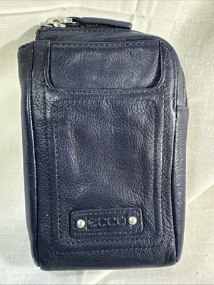 ECCO Small Leather Zipper Bag Pouch Navy Blue 6'' x 4''