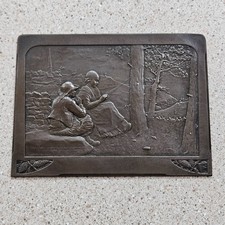 1904 Age & Youth French Art Nouveau Bronze Plaquette Medallion By Rene Baudichon