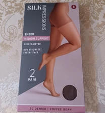 SILK IMPRESSIONS MED SUPPORT SHEER  2 PAIR PANTYHOSE- COFFEE BEAN - SIZE SMALL