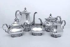 1886 GORHAM MFG CO.SHELL & GADROON  COFFEE TEAPOT SUGAR CREAMER SLOP BOWL SET
