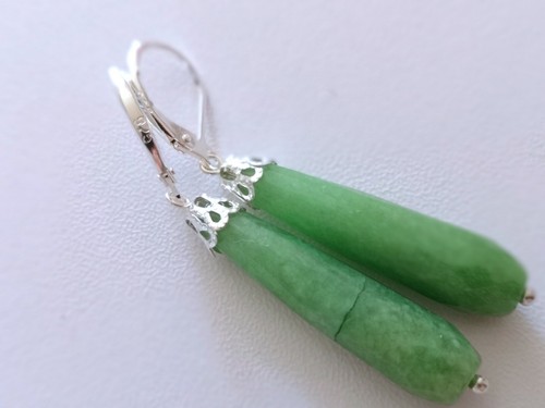 ~LONG 925 SILVER RARE VINTAGE 100% NATURAL GREEN FACETED JADE JADEITE EARRINGS - Picture 5 of 10