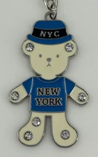 NEW YORK Enamel Metal Bear Keychain Rhinestones Blue Hat Cream Key Ring