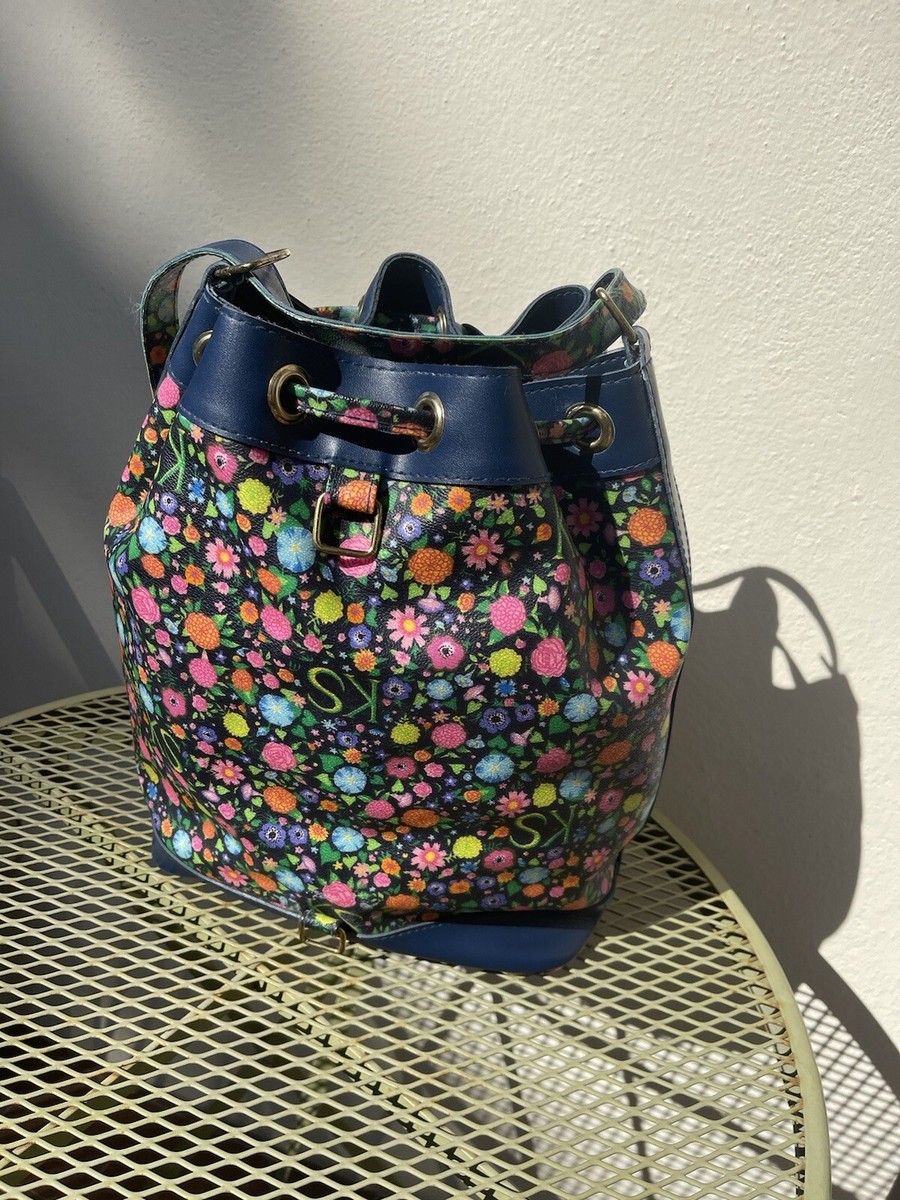 Borsa a tracolla Ken Scott blu vintage secchiello fantasia floreale  ecopelle