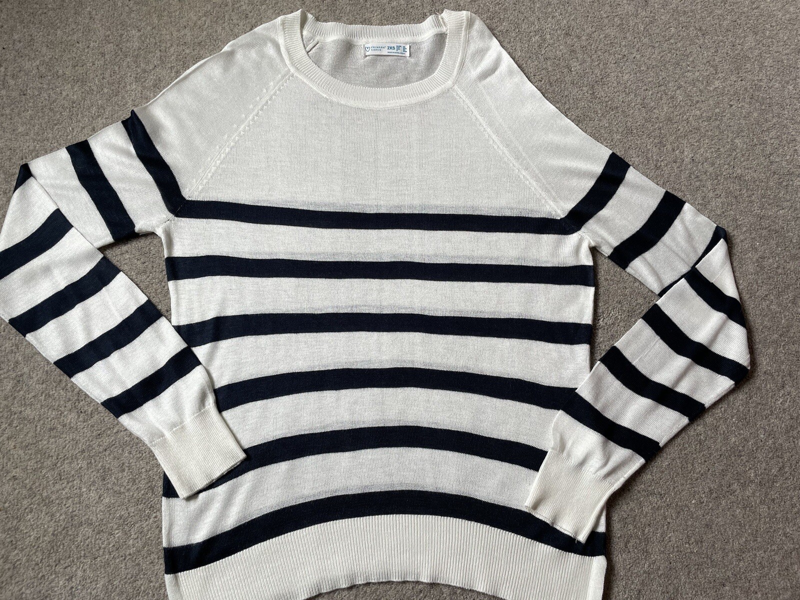 PRIMARK LADIES CREAM/NAVY STRIPE LIGHTWEIGHT JUMPER SIZE 2XS UK 10