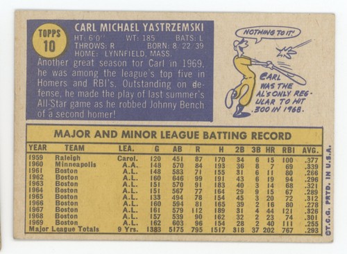 1970 Topps # 10 Carl Yastrzemski VG/EX+ light stain, minor wear, no creases - Picture 2 of 4