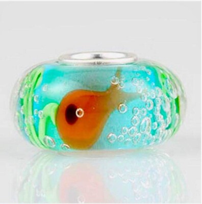 Trollbead bracelet with Goldfish Inside Charm, Sterling Silver 925, Leather
