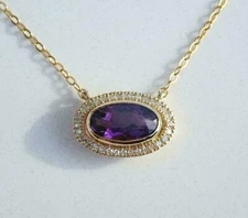 3Ct Oval Cut Amethyst & Diamond Halo Pendant 14K Yellow Gold Finish Free Chain