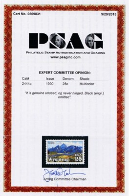 2444a, Mint VF NH 25¢ Black Color Omitted Error With PSAG