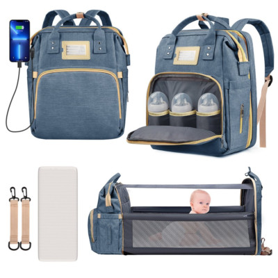 Diaper Bag Backpack, Multifunctional Baby Changing Bag with Foldable Crib & Insu