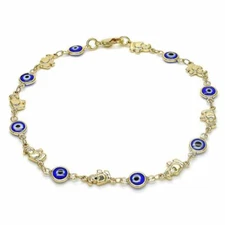14K GOLD PLATED ANKLET 9.5" W/ ELEPHANTS & BLUE COLOR EVIL EYES CONNECTED LM368