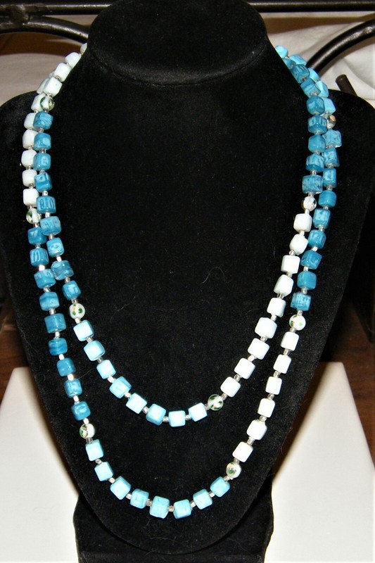 Vintage BLUE & WHITE SQUARE & FLORAL ART GLASS BEADS NECKLACE ST~Czech?~42" Long