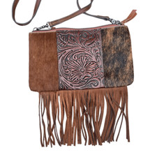 Leather/cowhide artisan made crossbody bag w/fringe, hand tooled details. EUC 