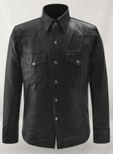 Men's Black Slim-Fit Classic Genuine Lambskin Leather Shirt Button Closer