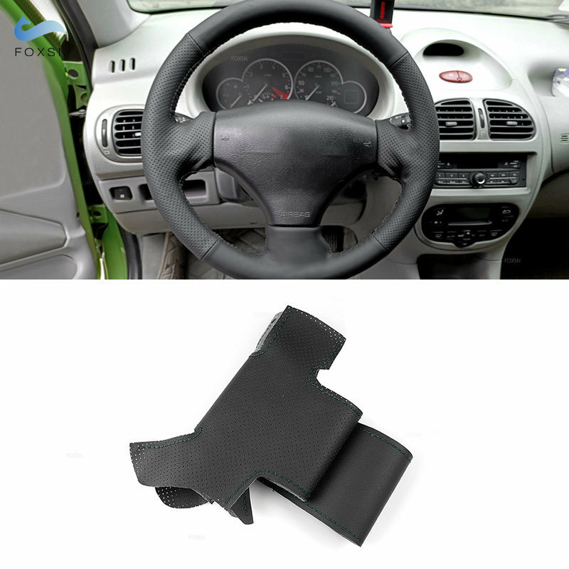 Black Genuine Leather Steering Wheel Cover For Peugeot 206 (1998-2010) – Double Black Stitching