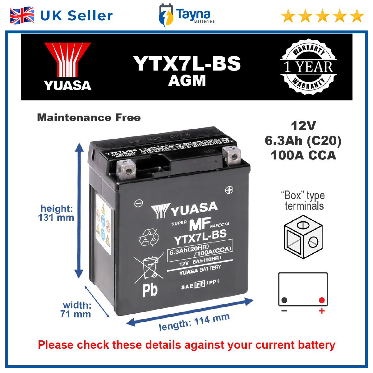 Genuine Yuasa YTX7L-BS High Power AGM GEL Motorbike Motorcycle Battery YTX7LBS