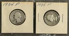 1934 P,  1935 P WASHINGTON QUARTERS, CIRCULATED, UNGRADED