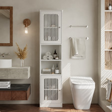 64" Tall Bathroom Storage Cabinet, Louvered Door with Adjustable Shelves, White