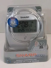 Sharp Atomic Digital Travel Alarm Clock Silver Automatic SPC364 Night Back Light