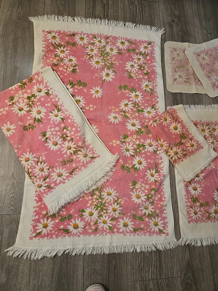 Juego de 6 paños de baño y mano vintage Martex rosa blanco margarita algodón  Foto 3 de 4