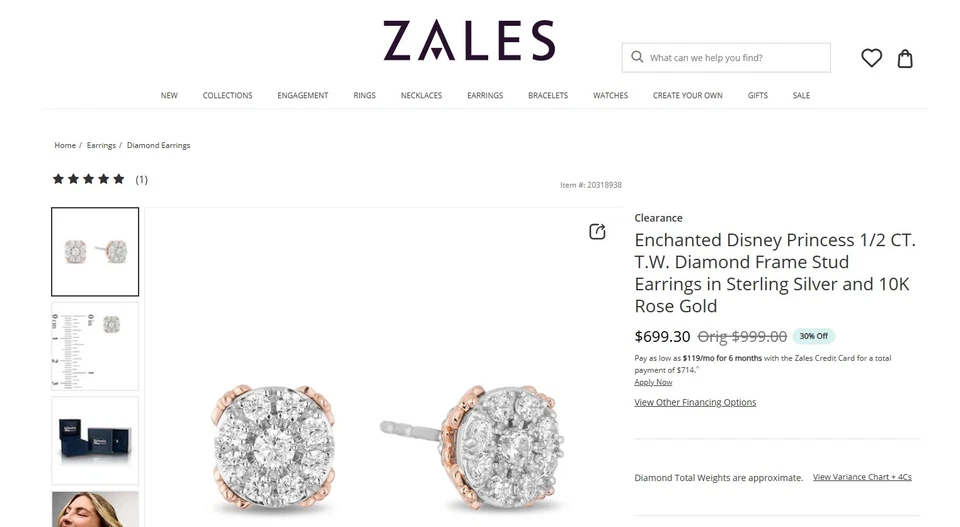 Pendientes Zales Disney Encantados Oro Rosa 10k/Plata 925 1/2 CT Diamantes Racimo Foto 4 de 4