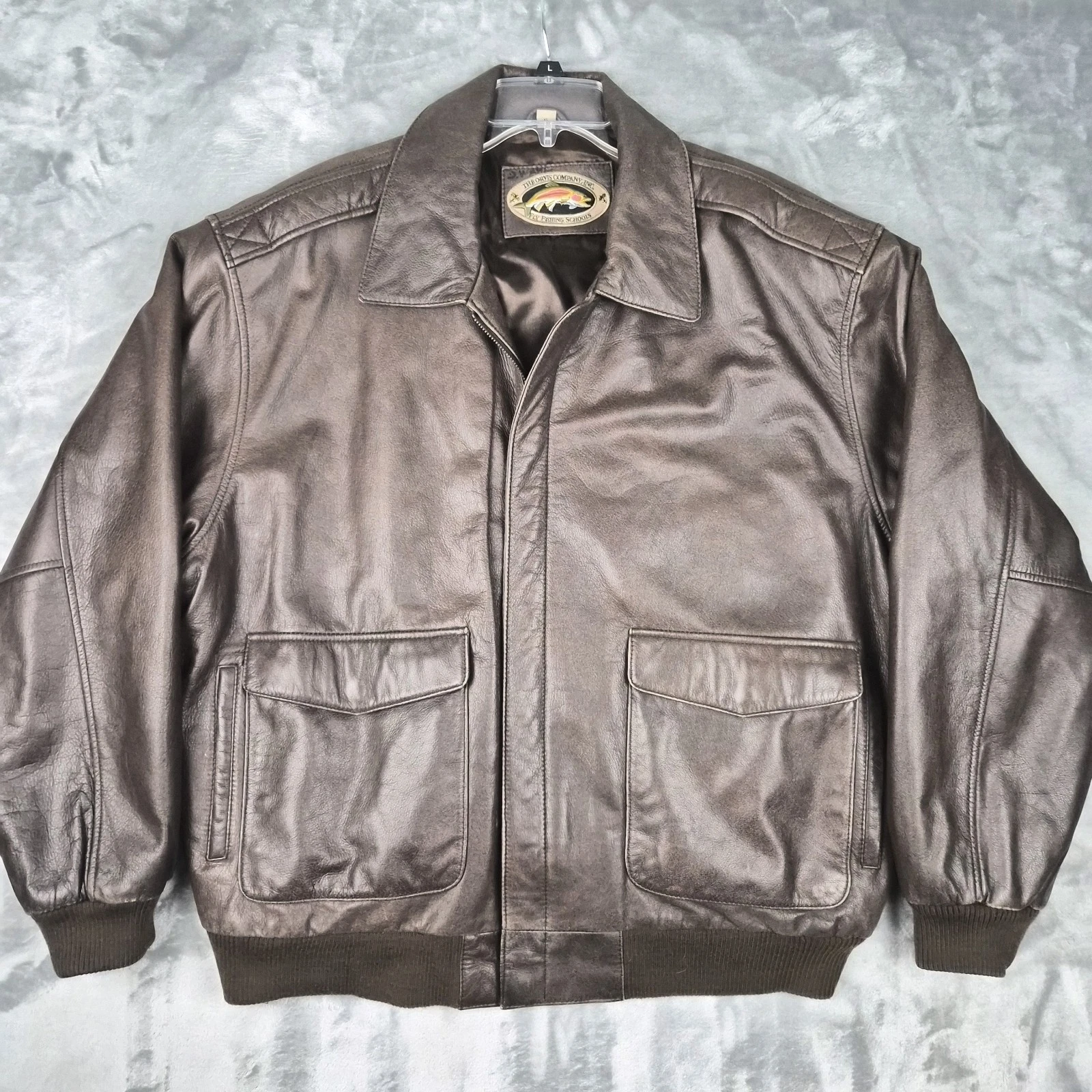 Vintage Orvis Fly Fishing Schools Leather Jacket Mens XL Brown Bomber Soft