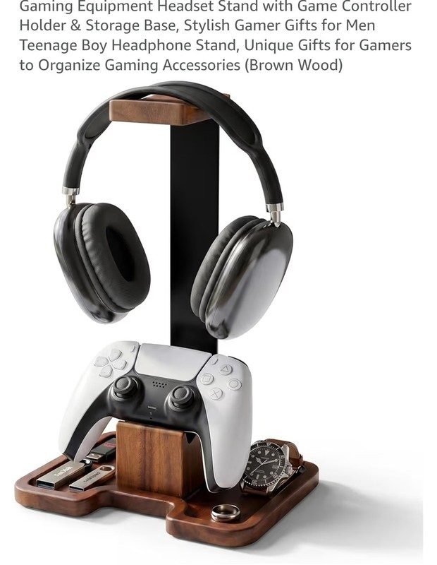 PS5 Wood Stand for Headset & Controller, Brown/Black, Holder with Storage Base