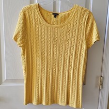 Talbots Yellow Cable-Knit Scoop Neck Pullover Sweater Top Button Accent L